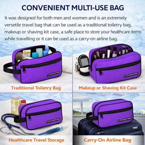 Water-Resistant Toiletry Bag for Men & Women - Lightweight Travel Wash Bag with Multiple Compartments, Compact Dopp Kit Cosmetic Organizer, Durable Nylon Shaving & Makeup Storage Case (Purple) — view 6