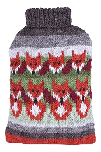 Pachamama Handknitted 100% Wool Hot Water Bottle Cover and 2 Litre Hot Water Bottle - Fox Pattern Handmade Fair Trade Multicoloured Thermal