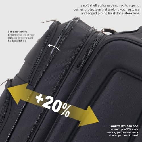 Aerostar Carry-on 20" Lightweight Soft Expandable Suitcase, Hand Luggage 4 Wheels & Combination Lock, 55x35x20cm | Accepted All Airlines easyjet, RyanAir, British Airways (Black, 32 litres) — view 3