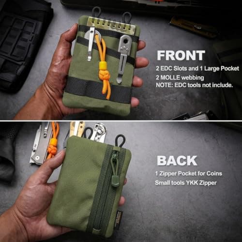Fits Large Phone with Case EDC Pouch Pocket Organiser, Waxed Canvas Small Tool Belt Waist Pouch, Green Multipurpose Utility Gear Pocket Bag for Heavy Duty Multitool Flashlight Pen with Carabiner — view 6