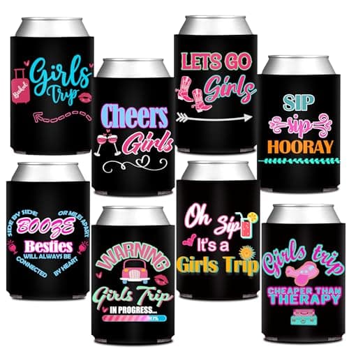 HAPPARTY Weekend Girls Trip Theme Can Cooler Sleeves 8Pcs, Hot Pink Babe Girls Insulated Bottle Beverage Cold Drink Holder for Birthday Bachelorette Weekend Trip Party Can Cover Decorations