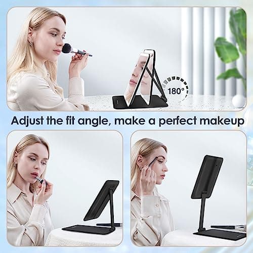 ESWU Travel Makeup Mirror with Light, Portable Folding Make Up Tabletop Mirror with 58 LEDs 3 Colors Light Modes Rechargable Compact Vanity Mirror with Adjustable Stand (Black) — view 5