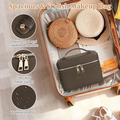 ALIIP Makeup Bag Large PU Leather Travel Cosmetic Bag with Removable Divider and Brush Slots, Water-Resistant Make Up Organiser for Women, Portable Toiletry Case with Handle - Coffee — view 3