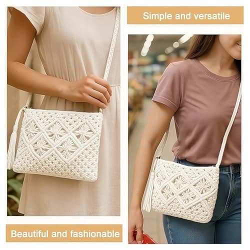 HRCOYES Cross Body Bag for Women, Handwoven Crossbody Purse, Summer Beach Straw Messenger Bag, Woven Cotton Handmade Shoulder Handbag (white) — view 2