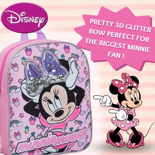 Disney Minnie Mouse Girls Backpack with Glitter Sequin Bow Kids School Toddler Nursery Lunch Bag Junior Rucksack Book Carry On with Unicorn Pom — view 2
