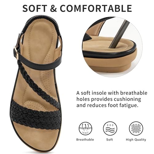 Women’s Dressy Flat Sandals, Strappy Open Toe Low Flat Sole Summer Shoes - Casual Walking Sandals for Vacation Wedding Guest Office Evening Travel Beach Resort Daily Outdoor Wear (Black,5) — view 4