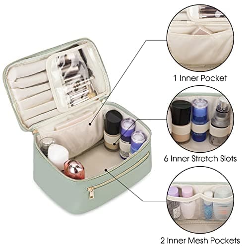 Travel Makeup Bag, Large PU Leather Cosmetic Case with Brush Compartment, Green — view 4