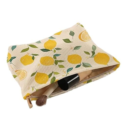Colorful Lemon Print Corduroy Makeup Bag 10"x7" – Lightweight Zipper Cosmetic Pouch, Soft Microfiber Travel Toiletry Organizer for Women and Girls