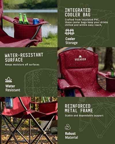 Voyager Folding Camping Chairs 2 Pack with Cooler Bag, Lightweight Q195 Steel Frame, 600D Oxford Fabric, Portable & Comfortable - Black (Red, Pouch/Cooling) — view 5