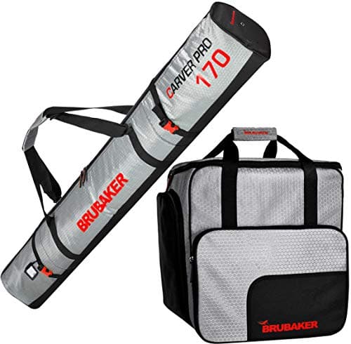 BRUBAKER Combo Set CarverTec Pro - Ski Bag and Ski Boot Bag for 1 Pair of Skis + Poles + Boots + Helmet - Silver Red - 66 7/8 Inches / 170 Cm