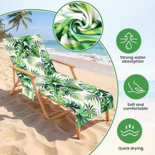 Minicoco Beach Towel with Pockets，Sand Free Sun Lounger Towel with Bag, Lightweight Sports Towel, Compact Travel Beach Towel for Summer Outdoor Pool Vacation, 215×75cm, Green Leaf Print — view 2