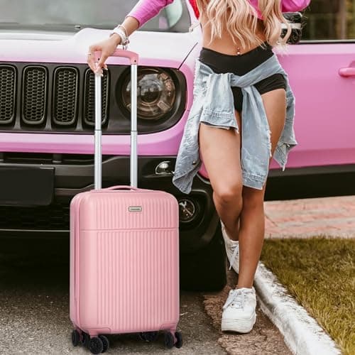 H.yeed Carry on Suitcase ABS Hard Shell Lightweight Small Trolley Travel Cabin Luggage with 4 Double Spinner Wheels TSA Lock for Women, 21" Pink — view 2