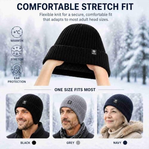 Beanie Hat, Fleece-Lined Rib-Knit, Ear Coverage, Navy, 1-Pack, 50–58 cm — view 5