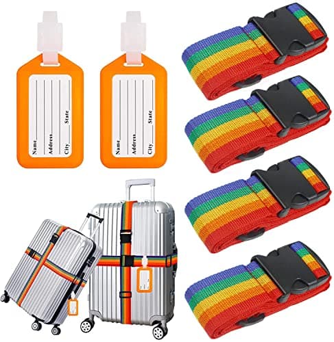 4 Pcs Luggage Straps for Suitcases, Adjustable Belts with 2 Pcs Case Tags
