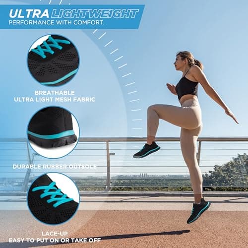 Get Fit Women’s Lightweight Trainers - Breathable Mesh Gym Walking Shoes - Comfortable Lace-Up Fitness Sneakers, Flexible Non-Slip Sole - Black/Turquoise - UK6/EU39 — view 4