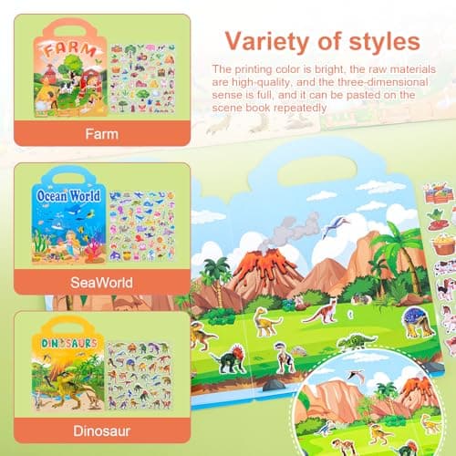 Lotnery Reusable Sticker Books for Toddlers 2-4 Years, 3-Pack Dinosaur Ocean & Farm Jelly Activity Stickers, Large Stickers for Little Hands, Travel Activities Quiet Play Essential Educational Toy Gif — view 5