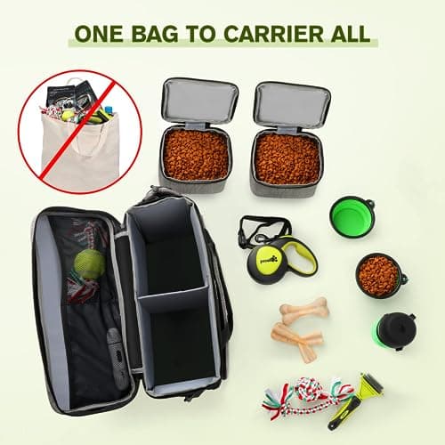 pecute Dog Travel Bag Large, Portable for Travel, Pet with Multi-Function Pockets, Tote Organizer Outdoor use Set 2 Food Bags + Collapsible Bowls, Grey — view 3