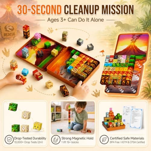 Magnetic Blocks Travel Set for Boy: 49pcs Dinosaur Magnet Cubes Iron Case — view 6