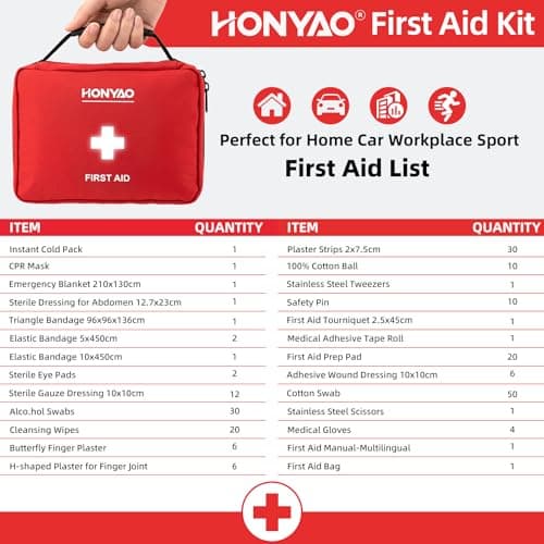 HONYAO® First Aid Kit 220 Pcs, First Aid Bag with Premium Waterproof Nylon Shell, Medical Kit for Home Workplace Car School Outdoor Camping, Includes Plasters, Cold Pack, Emergency Blanket etc. Red — view 5