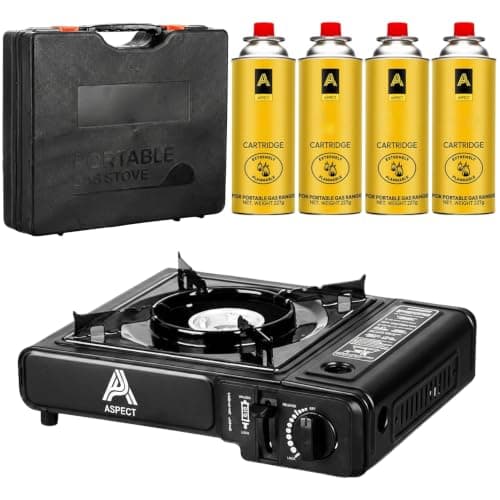 Aspect Camping Stove Portable With 4 Gas Camp Kitchen Equipment Single Burner Maximum Energy Output 2.5 Kilowatts Outdoor/Indoor - Automatic Ignition & Heat Control - Cooking Grill,Picnics,BBQ -Black
