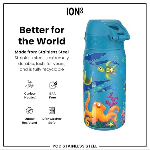 Ion8 Vacuum Insulated Steel Water Bottle, 320 ml/11 oz, Leak Proof, Easy to Open, Secure Lock, Dishwasher Safe, Carry Handle, Metal Water Bottle, ThermoShield Stainless Steel, Sea Turtle — view 5