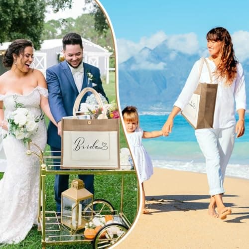 Bride Jute Tote Bag, Bridal Shower Wedding Bachelorette Bride Gifts Shoulder Bag, Reusable Shopping Bags for Wedding Day Engagement Proposal Hen Party Suitable for Travel Picnic Beach Holiday — view 2