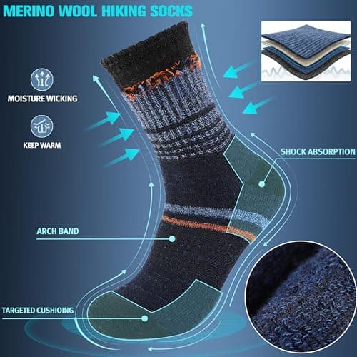 Sandsuced Mens Merino Wool Hiking Socks Thermal Cosy Walking Winter Warm Crew Breathable Socks Stocking Fillers 5 Pairs(Assorted Blue,7-11) — view 2