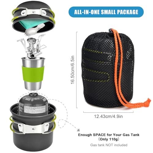 Odoland Camping Saucepans Set, 10 Pieces Durable Aluminium Complete Kitchen Utensils with Ultralight Portable Stove for Hiking, Fishing — view 4
