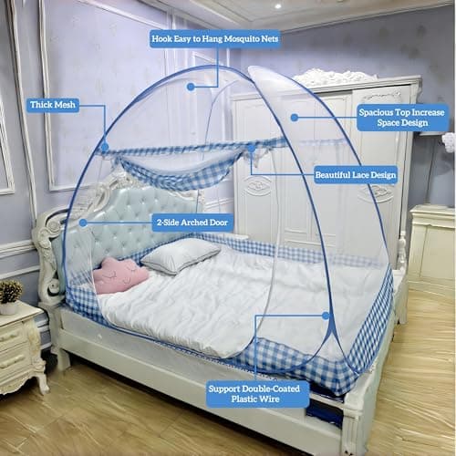 Digead Mosquito Net, 120x200cm Bed Canopy, Portable Travel Mosquito Nets, Foldable Double Door Mosquito Camping Curtain-Blue Edge — view 2