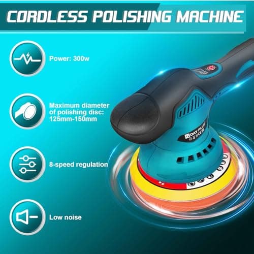 Car Polisher, Electric Car Polisher with 2 Battery Packs and Charger, 8 Variable Speeds 2800-5500RPM, Electronic Display, Rotary Polishing Machines with Sanding Buffing Pads Waxing Cleaning Kit — view 2