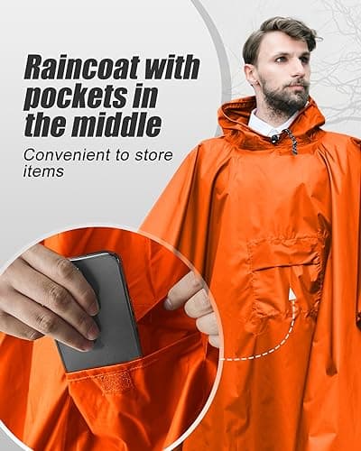 Snowalva Festival Poncho Waterproof Adult Reusable Poncho Waterproof Adult Lightweight Breathable Durable Environmentally Friendly Raincoat with Brim for Hiking Camping Cycling Traveling Orange — view 5