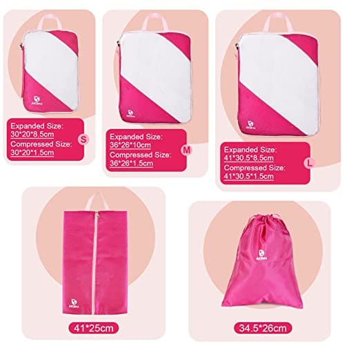 AiQInu Packing Cubes Compression Set, Pack of 5, Pink, Nylon, Rectangular, Zipper Closure, Travel Organiser with Laundry & Shoe Bags, Space Saver, TSA Approved — view 4