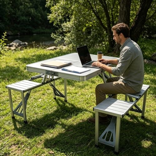 Gr8 Garden Aluminium Folding Camping Table & 4 Chairs Set Portable Picnic Dining Set for Camping BBQ Garden Fishing Festival Caravan Outdoor Use Lightweight Foldable Carry Case Silver — view 2