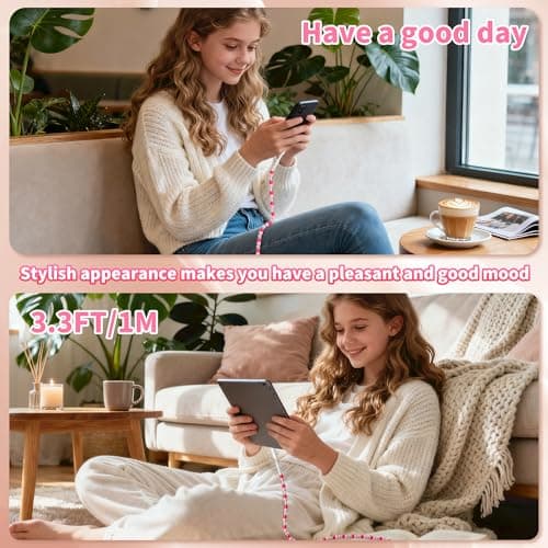 SEUMOO USB C Multi Charger Cable 1M 4 in1 USB A to USB C Charging Cable 66W Type C Fast Charging Cable Cute Beaded USB Phone Charger for Girls Women for iPhone 17 Air 16 15 Plus 14 Pro Max, Pink — view 5