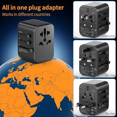 Universal Travel Adapter with 1 USB-C & 3 USB-A Ports, Worldwide Plug Adapter with Universal AC Socket, Dual 10A Fuses, International Power Adapter for UK EU US AU (with Carry Pouch) — view 3