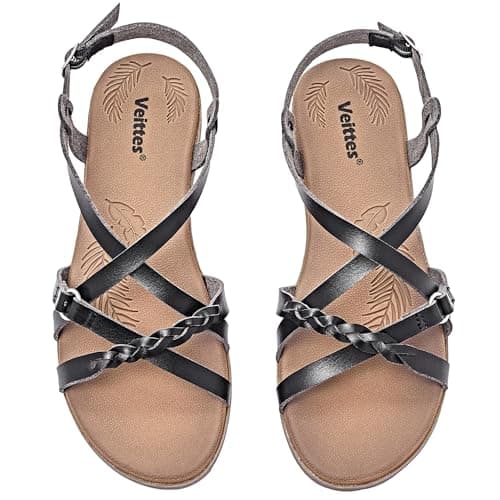 Veittes Women's Dressy Casual Strappy Flat Slide Sandals,Black 7.5