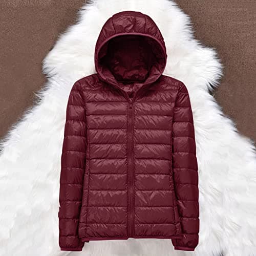 Womens Winter Lightweight Puffer Jacket with Hood Warm Short Packable Women Quilted Jacket Transitional Padded Down Jacket for Ladies Lined for Hiking Travel Plus Size Thin Jacket Down Wine — view 3