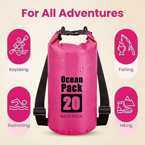 RONGZUBAT 20L Large Waterproof Dry Bag with Shoulder Strap, Roll Top Dry Sack for Camping Gear, Waterproof Bag for Boating, Kayaking, Fishing, Paddle Boarding, Beach, Swimming and Travel - Hot Pink — view 3