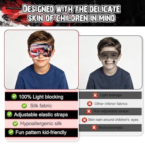 TeTupGa Blackout Kids Sleep Mask for Boys，2 Pack Silk Eye Mask for Sleeping with Adjustable Strap, Teens Children's Bedtime Eye Cover for Travel & Home Use (2 Pack CAR1 Style) — view 4