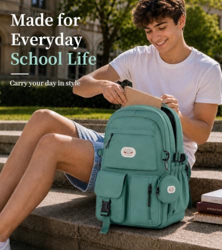 BECOJADDE Backpack School Bag for Women and Girls, 15.6" Laptop, Green 25L — view 2