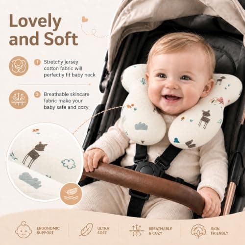 Blublu Park Baby Neck Pillow for Travel, Car Seat Pillow for Toddlers, Upgrade, Cotton,Baby Support Pillows for Stroller, Bouncer, Pushchair, Carseat Head and Neck Support, Breathable,Deer — view 2