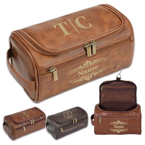 Personalised Men Toiletry Bag, Custom Engraved Travel Dopp Kit with Name Initials, Valentines Gift, Groomsmen & Best Man Gift, Father's Day, Wedding, Birthday Present for Husband, Light Brown