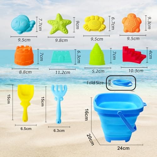 Beach Sand Toys for Kids,12 PCS Collapsible Beach Toys Set and Spade Set with Mesh Bag,Castle&Aninal Moulds ,Travel Beach Essentials for Children,Gardening Beach Outdoor Toys for Boys Girls (Blue) — view 2