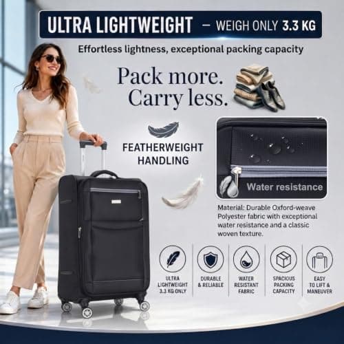 DK Luggage Ultra Lightweight Only 3.3kg Large 28 Inch Soft Shell Suitcase, 4 Wheel Spinner Checked Luggage 23kg–27kg Capacity, Expandable Travel Case (WLS Black, Large) — view 3