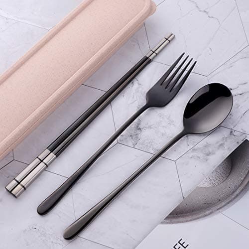 SBOMHS 18/10 Stainless Steel Travel Cutlery with Case Set Portable Chopsticks Spoon Fork set Black Colored for School Home Office Camping Outdoor — view 4