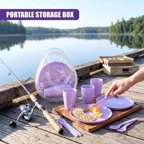 GEEZY 21 Piece Picnic Set - Reusable Purple Camping Dinner Set for 4 with Plates, Cups, Cutlery & Storage Box - Dishwasher Safe & Portable Outdoor BBQ, Party & Kids Tableware — view 6