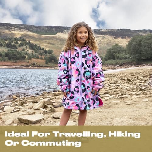 OHS Drying Robe for Kids, Lightweight Leopard Print Waterproof Jacket for Girls Breathable Packable Wind Resistant Rain Jacket for Outdoor Activities, Lilac Leopard Print — view 4