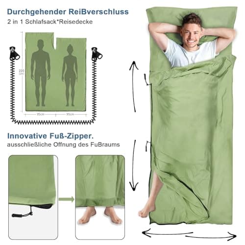 LSTRAGY Sleeping Bag Liner with Pillow Slot,Portable Lightweight Sleeping Bag Liners with Two Way Zippers,220x95cm Travel Sheet for Backpacking, Hostels, Huts Camping Essentials(Green) — view 3
