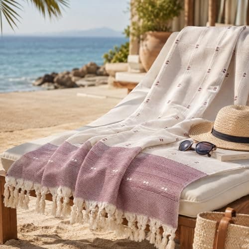 WEFLORIA Turkish Peshtemal Towel – 100% Cotton, Lightweight & Quick Dry Beach & Bath Towel, Large Hammam Towel with Tassels, Gift Box Packaging (Sage Green/Red & Cream) (Red&Beige) — view 5