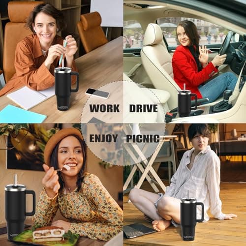 WATERSY Travel Mug Coffee Cup 40oz Tumbler Straw Lid and Handle, Stainless Steel Double Wall Vacuum Insulated Coffee Water Bottle for Cold Hot Coffee 1182ml Black — view 5